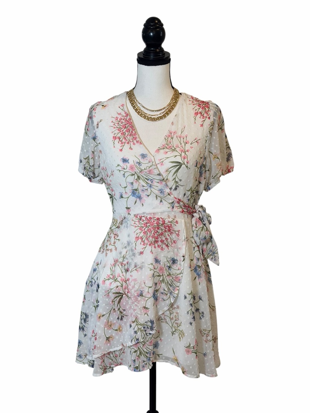 Trixxi Cream Floral Wrap Mini Dress with Pink & Green Accents
